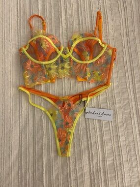 For Love And Lemons Orange & Yellow Floral Lace Underwire Bra & Thong Set